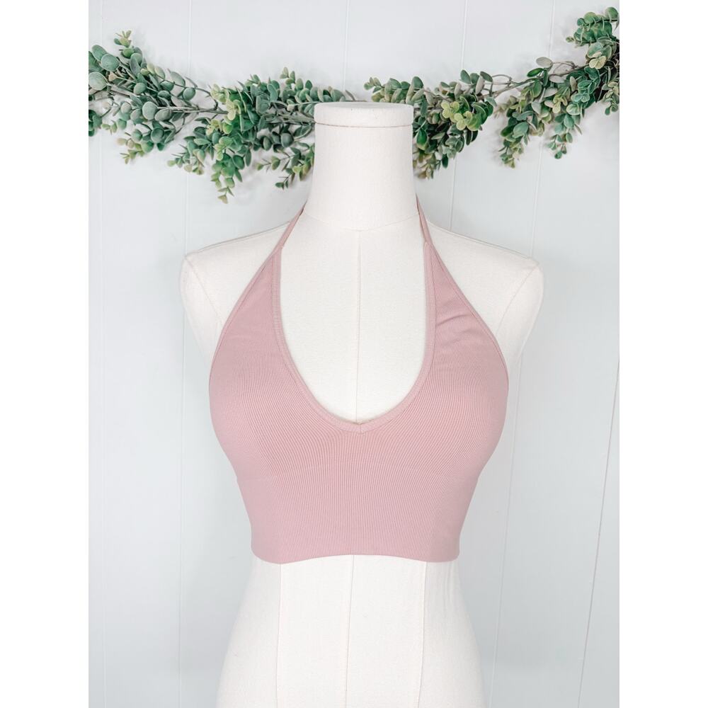 🧺 5 for $25 Sale Free People Ribbed Seamless Halter T Back Bralette XS/S Pink - Picture 2 of 8